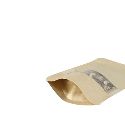 50 pezzi Sacchetti Doypack in carta kraft avana con finestra e chiusura a pressione