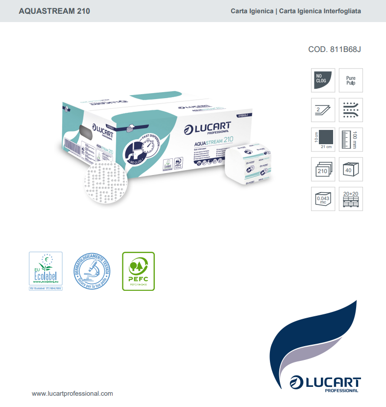Carta igienica interfogliata anti intasamento Aquastream 210 Lucart Professional 811B68J - 15cf x 250pz
