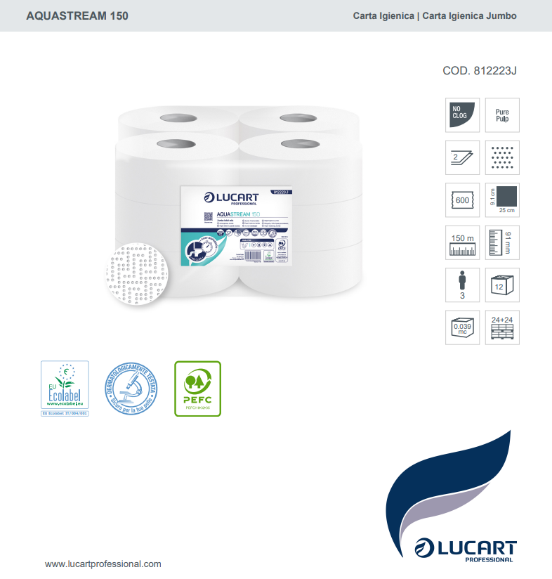 Carta igienica mini jumbo anti intasamento Aquastream 150 Lucart Professional 812223J - 12 rotoli