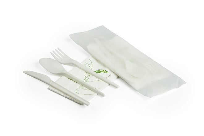 Tris posate bio, coltello, forchetta, cucchiaio e tovagliolo - 50 pezzi