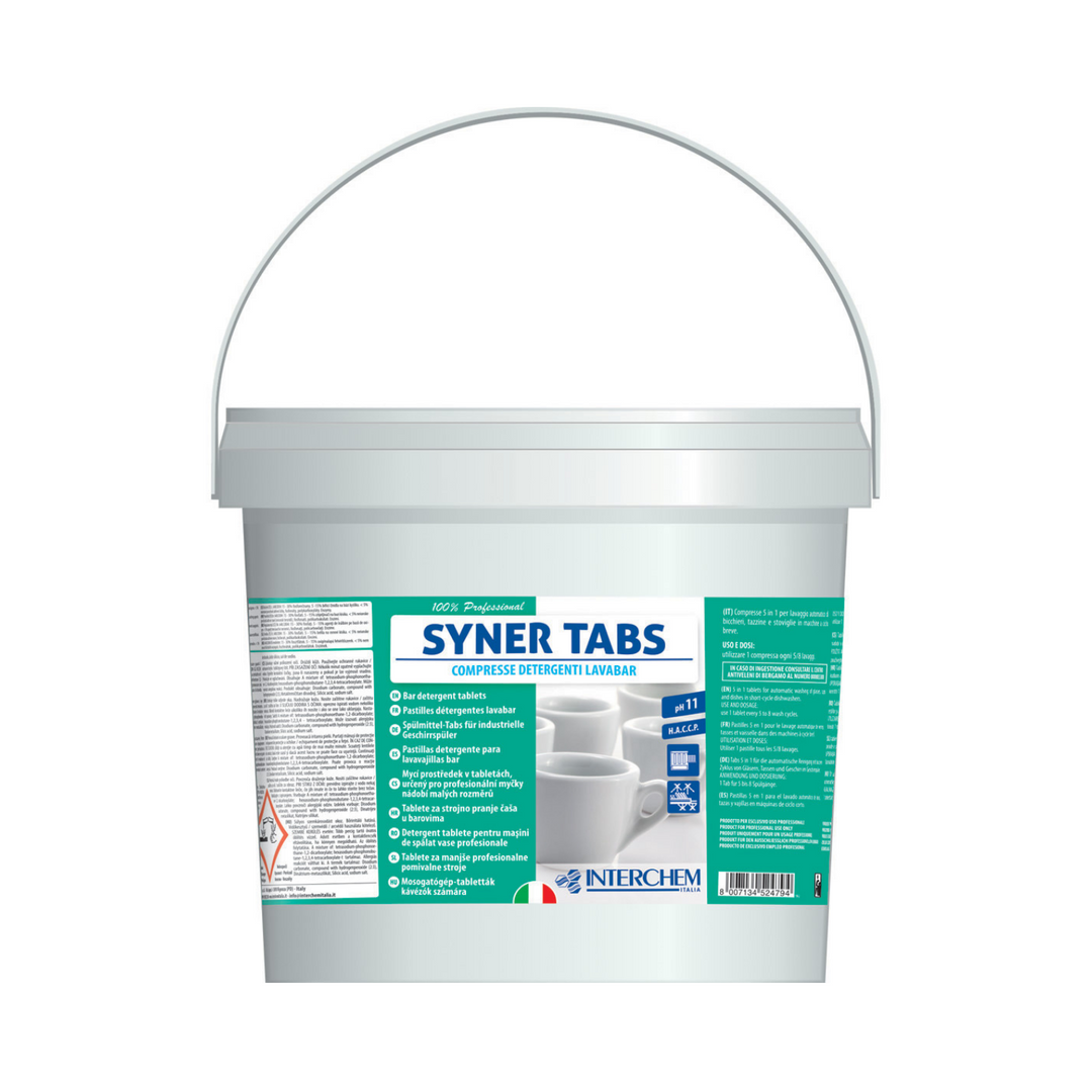 3kg Detergente compresse Syner Tabs per bicchieri e tazzine 5 in 1 Interchem