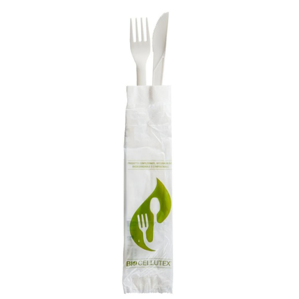 Kit monouso Coltello  Forchetta Bio e Tovagliolo imbustati singolarmente 16,5cm