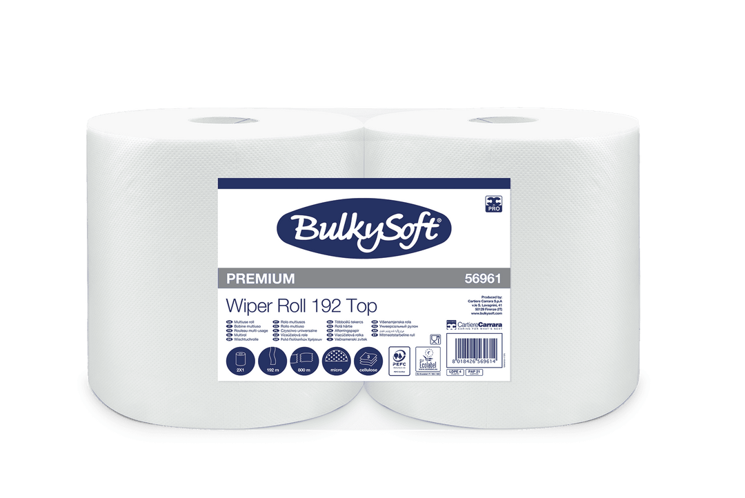 Bobina di Carta Asciugamani BulkySoft Premium Wiper Roll 192 Top 56961 – 3 Veli, 800 Strappi – 2 Rotoli
