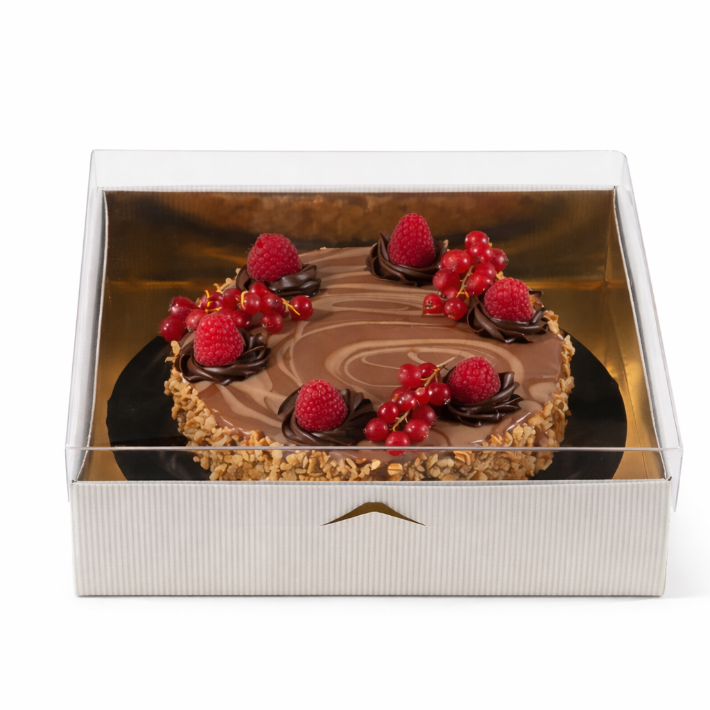 Scatola Quadrata per Torte e Pasticceria – Coperchio Trasparente, Interno Oro ed Esterno Bianco