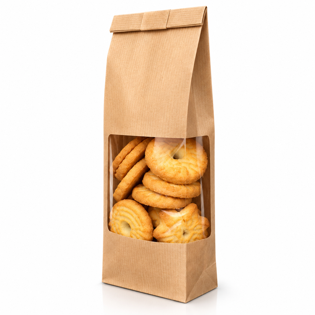 Sacchetti Royal bag Roxi Frame in carta kraft avana per alimenti con Finestre e fondo quadro - Termosaldabili