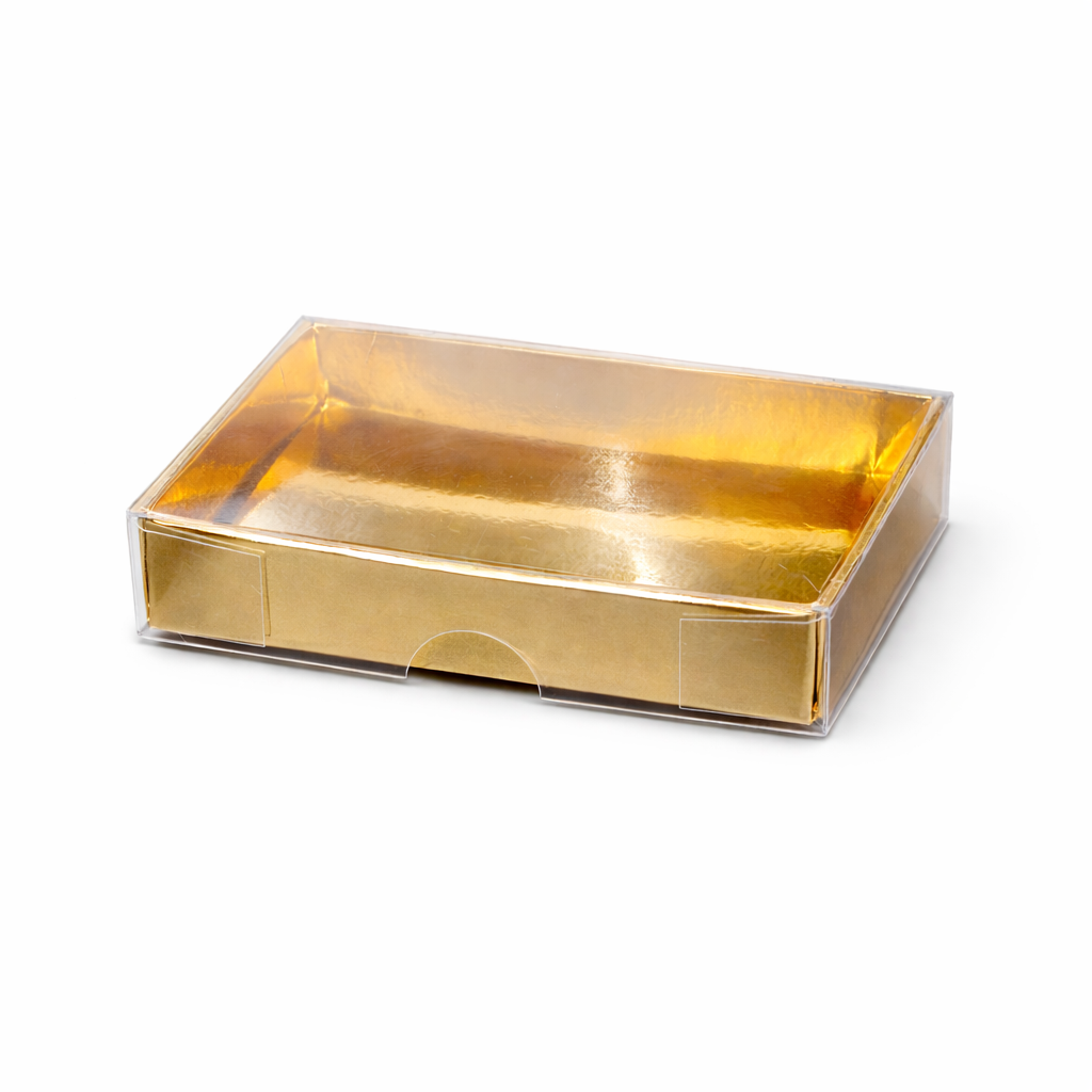 Scatola Oro per Cioccolatini e Praline con Coperchio Trasparente – Eleganza e Valorizzazione del Prodotto