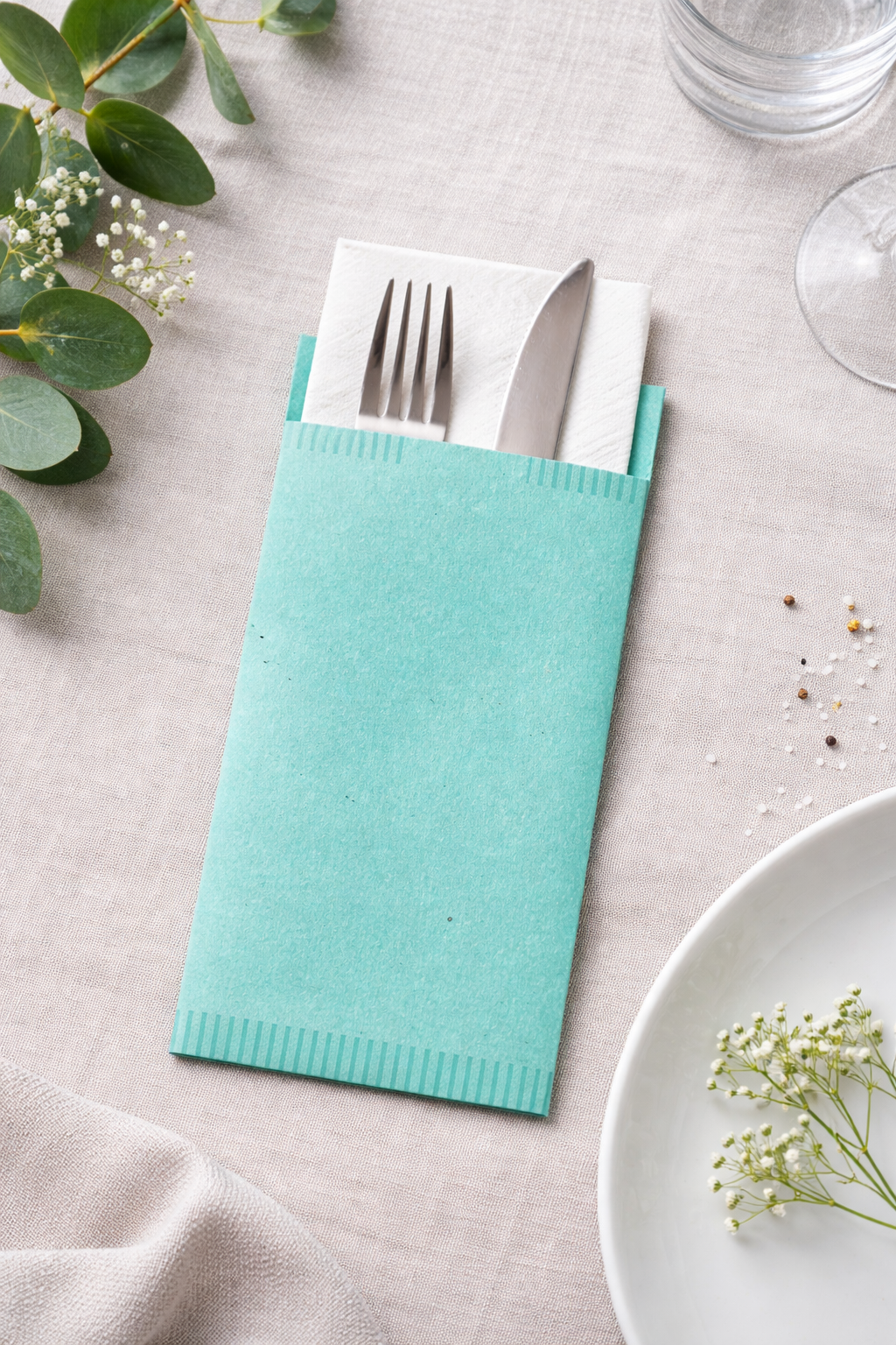 Sacchetti Portaposate in Carta Veneziana Acquamarina con Tovagliolo – 125 Pezzi