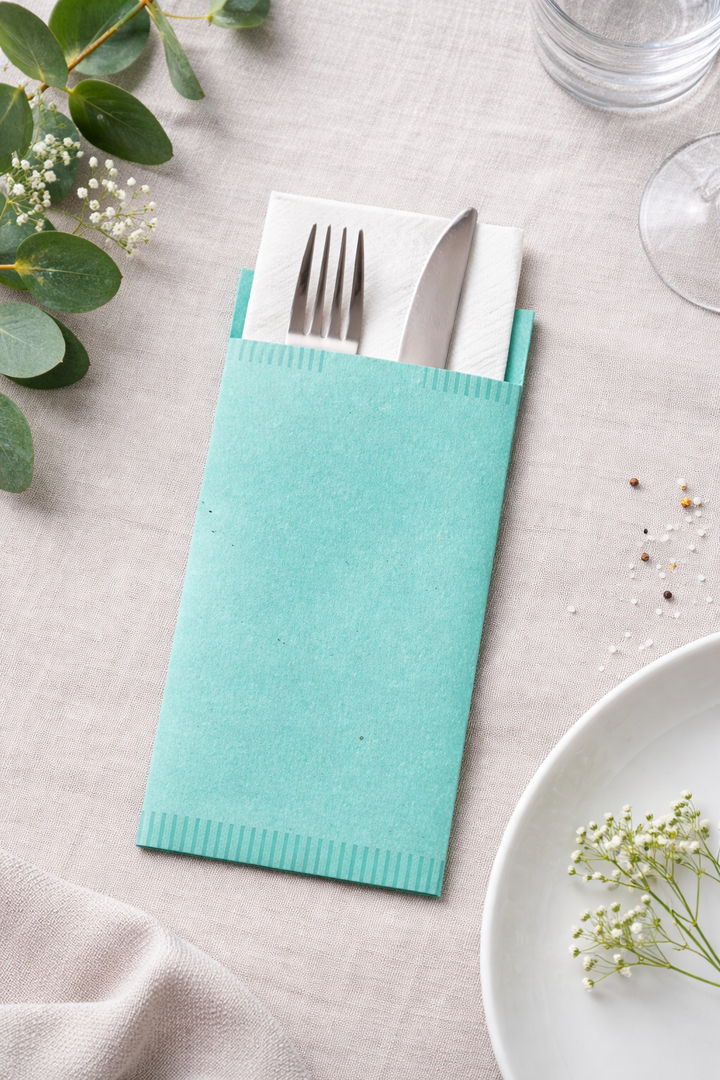 Sacchetti Portaposate in Carta Veneziana Acquamarina con Tovagliolo – 125 Pezzi