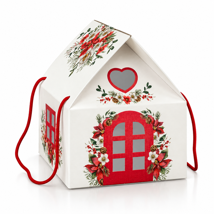 Scatola Panettone Casetta Decorata - Scatola Natalizia con Manico 20x20cm h18cm - 30 pezzi
