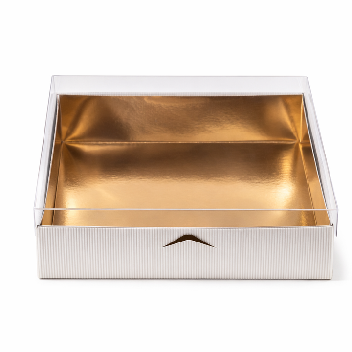 Scatola Quadrata per Torte e Pasticceria – Coperchio Trasparente, Interno Oro ed Esterno Bianco