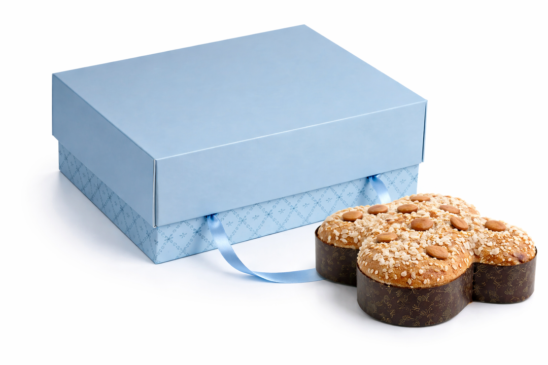 Scatola per colomba pasquale Easy Light 1 Kg – Azzurra con coperchio Celeste e cordini in raso