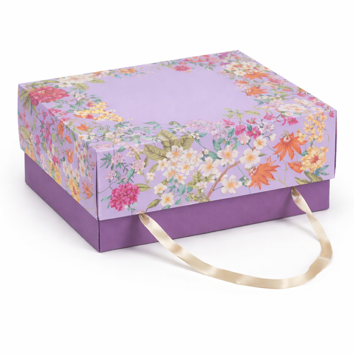 Scatola Botanique Fantasia Fiori con Manici in Raso – Base Lilla o Verde 32,5×24cm h 14cm