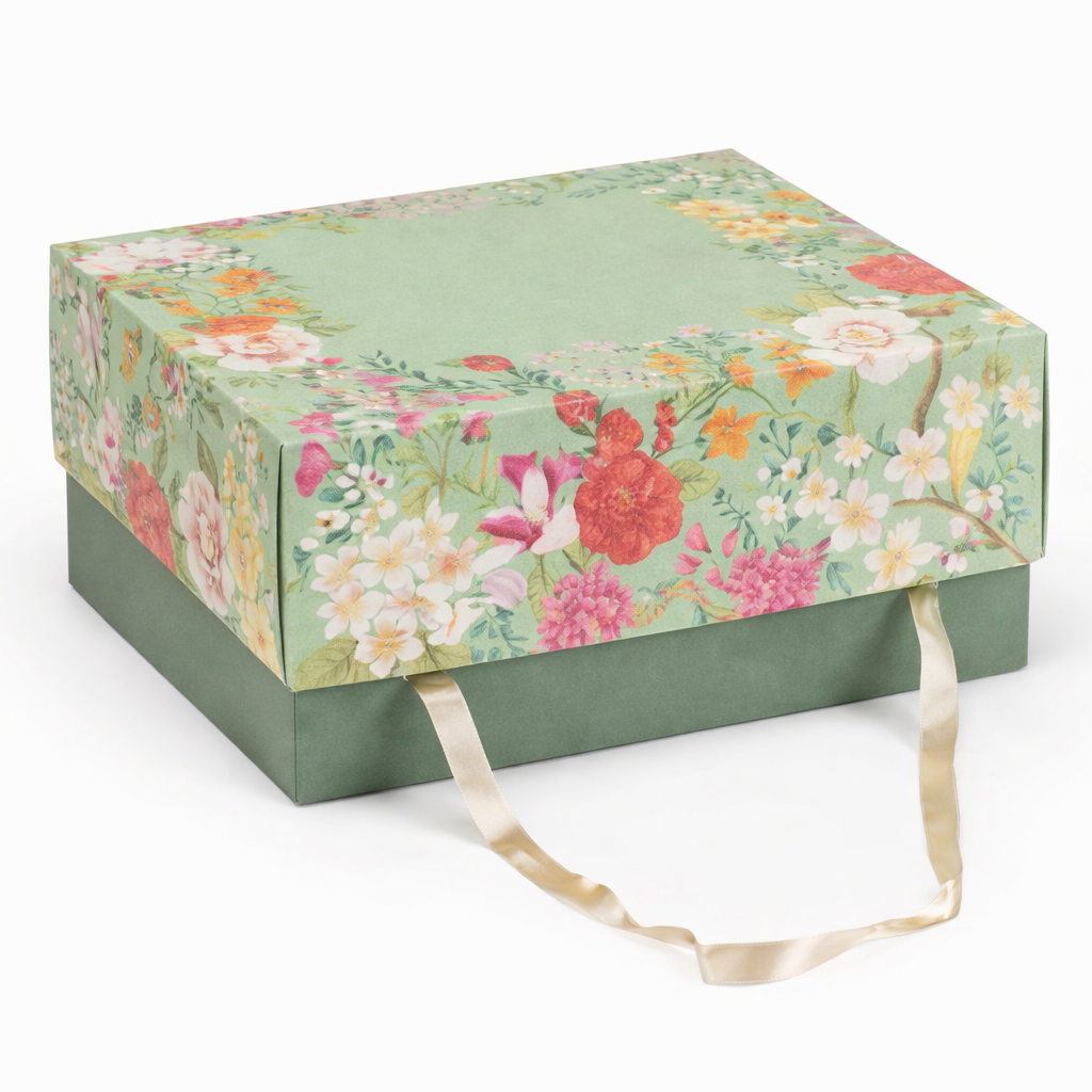 Scatola Botanique Fantasia Fiori con Manici in Raso – Base Lilla o Verde 32,5×24cm h 14cm