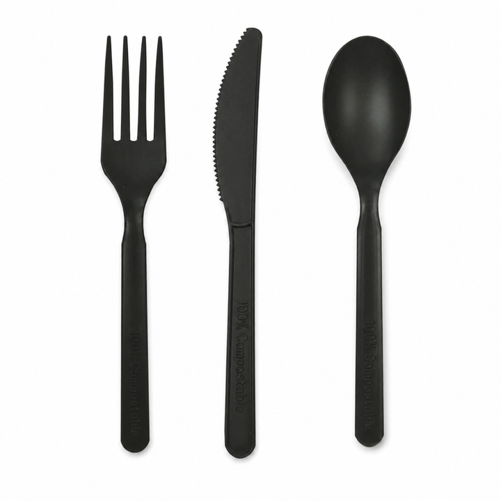 Posate in CPLA Compostabili Nere 15 cm – Eleganza e Resistenza per la Ristorazione (Confezione da 50 Pezzi)