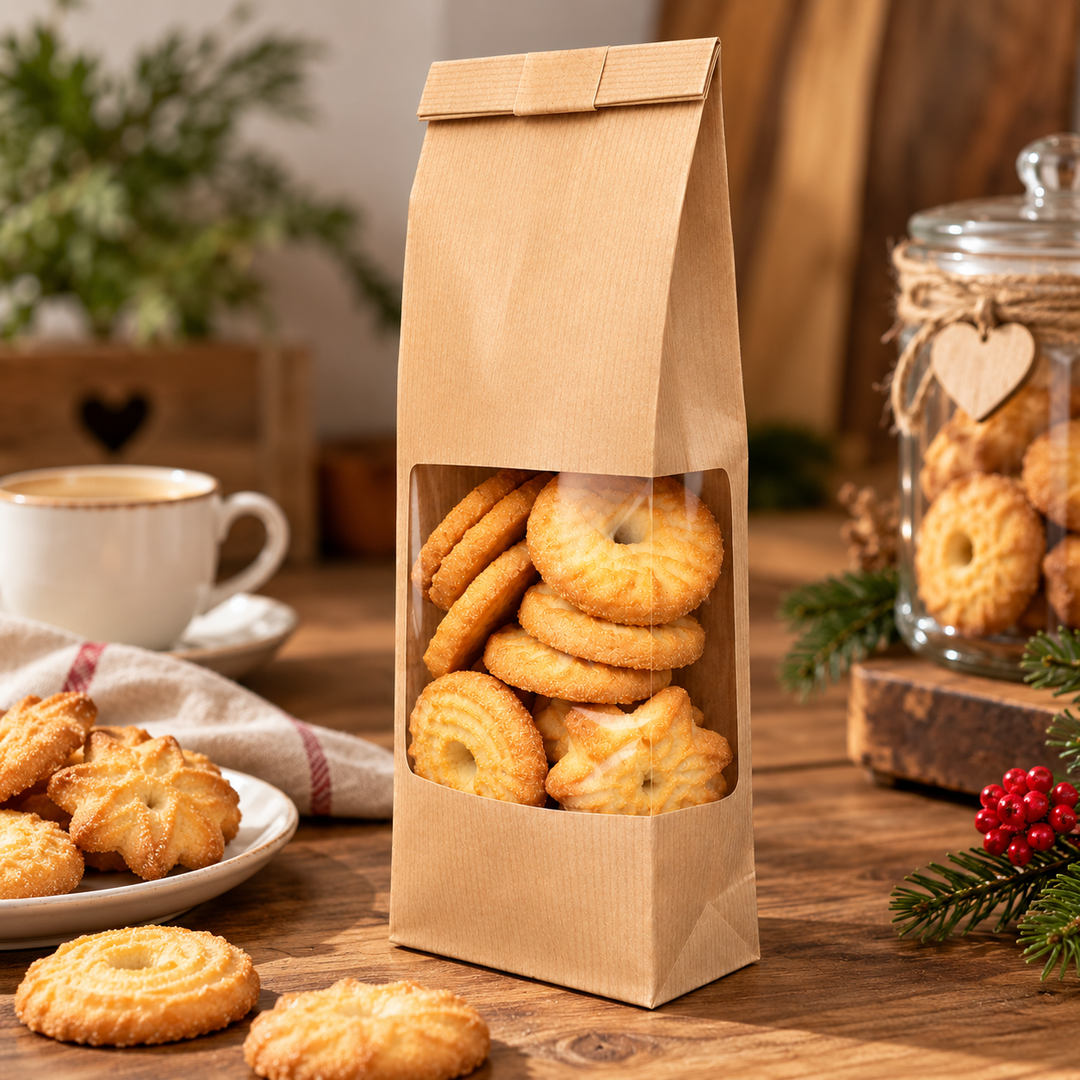 Sacchetti Royal bag Roxi Frame in carta kraft avana per alimenti con Finestre e fondo quadro - Termosaldabili