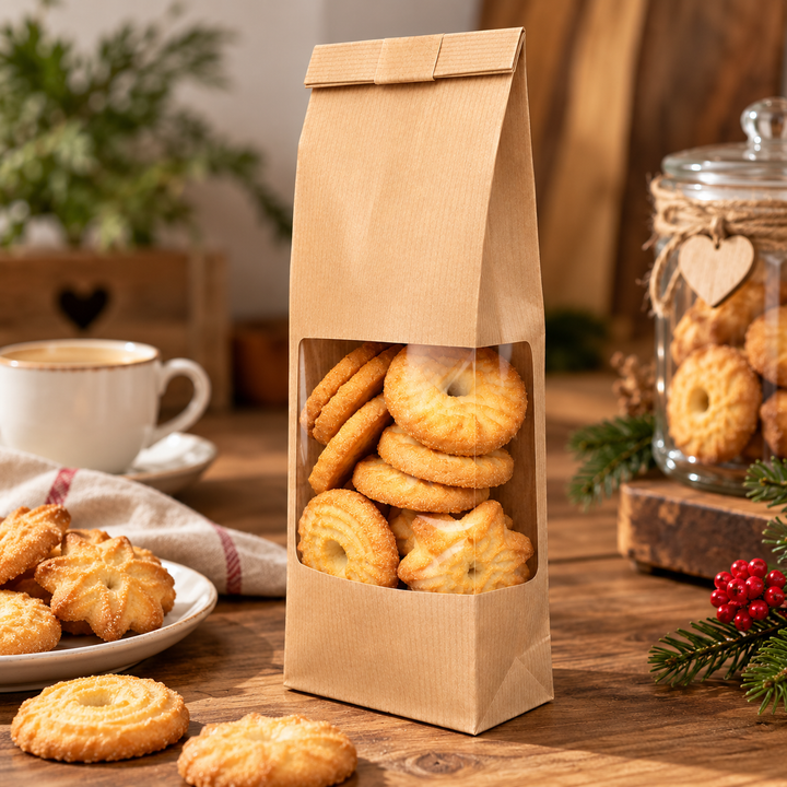 Sacchetti Royal bag Roxi Frame in carta kraft avana per alimenti con Finestre e fondo quadro - Termosaldabili