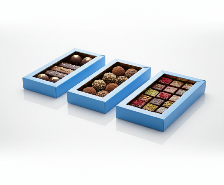25 pezzi Scatola per Cioccolatini e Praline Celeste e Oro
