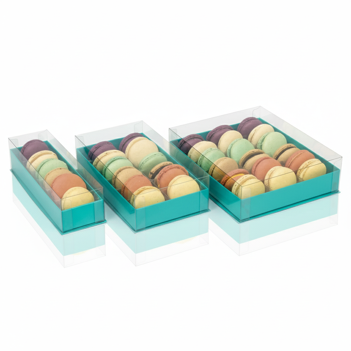 5pz Scatole Macaron coperchio trasparente e base colorata