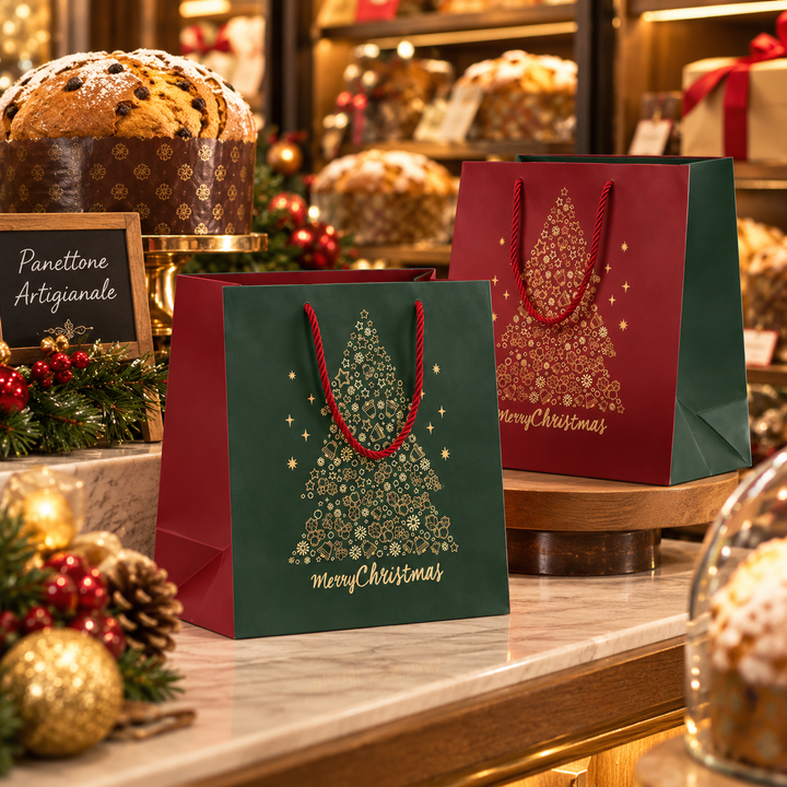 Shopper Natalizia “Buone Feste” con Albero di Natale – Mix Verde/Rosso – 10 Pezzi