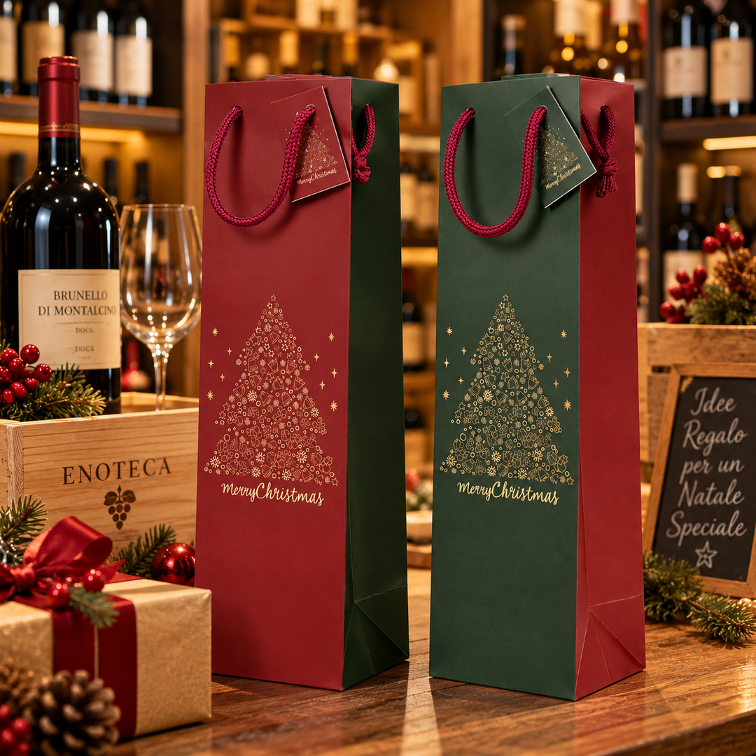 Shopper Portabottiglia “Albero Buone Feste” 10+9x39 cm – Sacchetto Natalizio per Bottiglia – 10 Pezzi