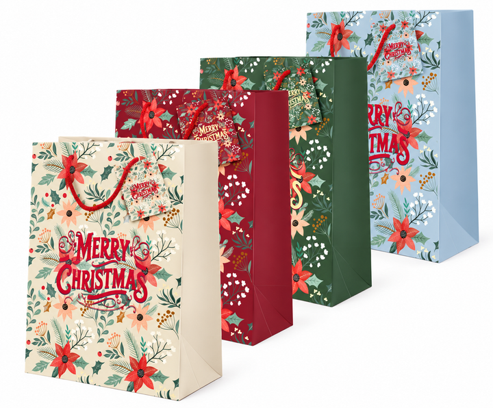 Shopper Natalizia “Merry Christmas” Mix di Colori – Sacchetti Regalo Natale – 12 Pezzi