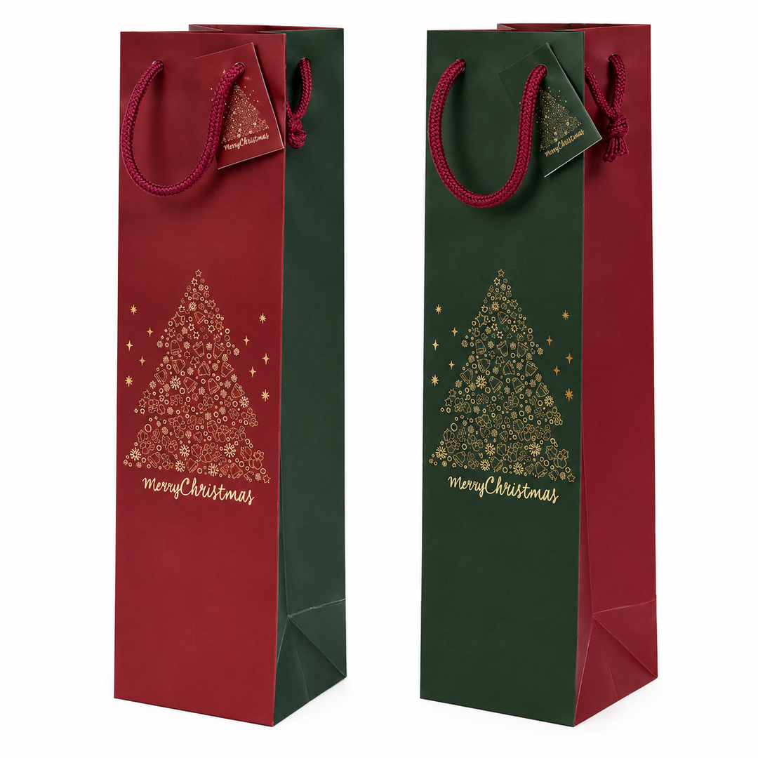 Shopper Portabottiglia “Albero Buone Feste” 10+9x39 cm – Sacchetto Natalizio per Bottiglia – 10 Pezzi