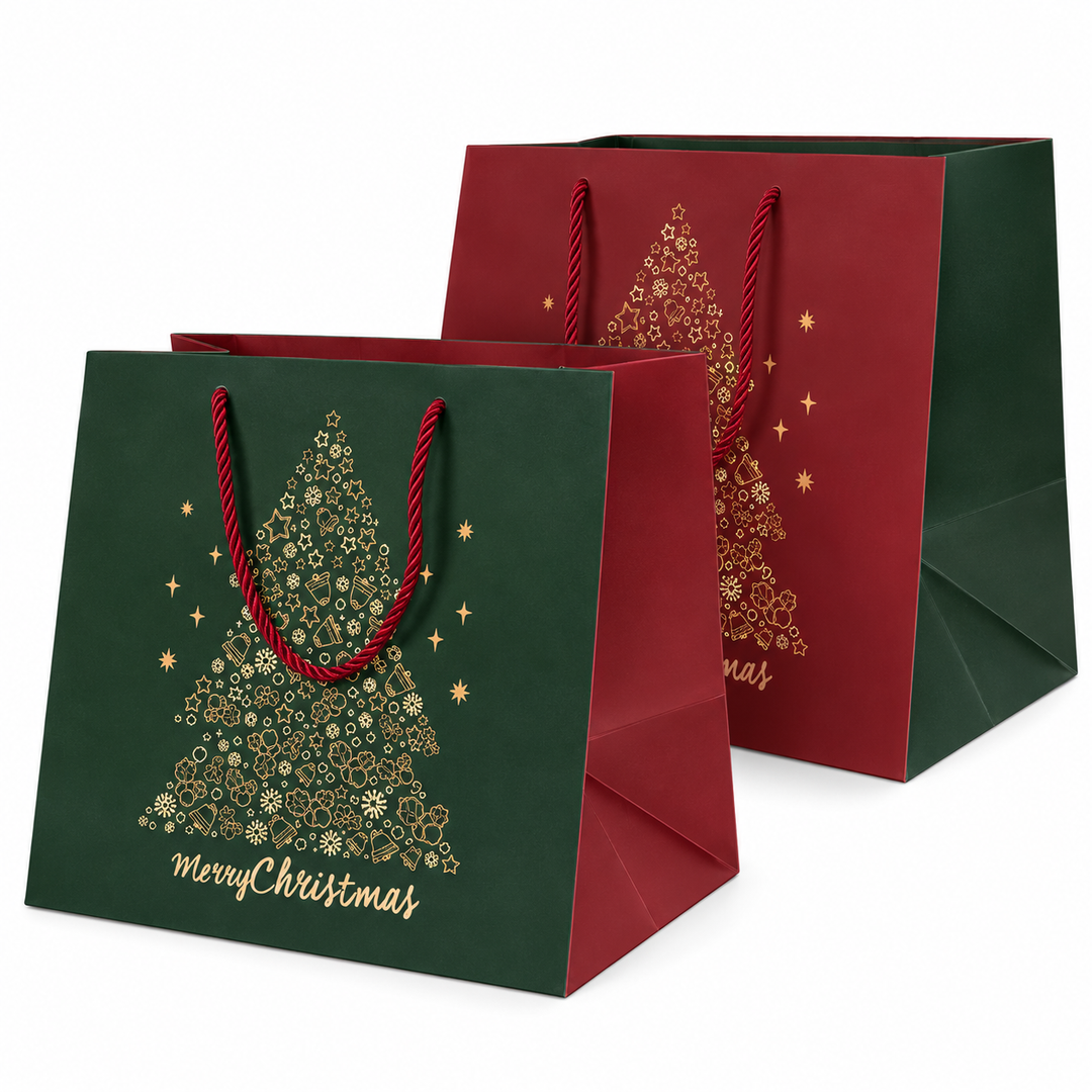 Shopper Natalizia “Buone Feste” con Albero di Natale – Mix Verde/Rosso – 10 Pezzi