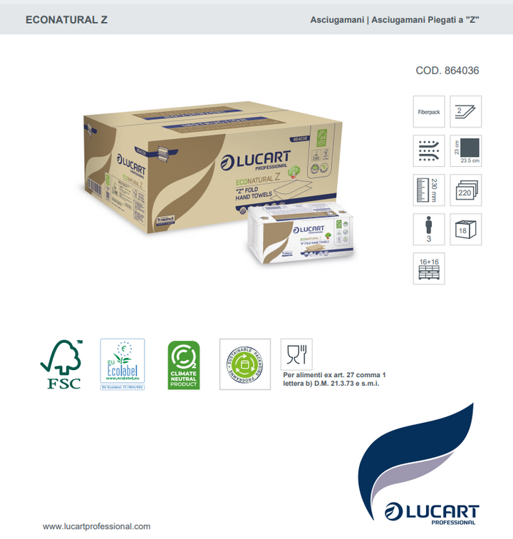 Asciugamani avana piegati a Z EcoNatural Z Lucart Professional 864036 - 18cf x 220pz