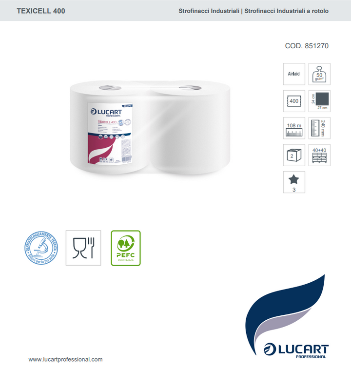 Strofinacci Industriali a rotolo Texicell 400 Lucart Professional 851270 - 2pz