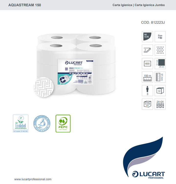 Carta igienica mini jumbo Aquastream 150 Lucart Professional 812223J - 12 rotoli