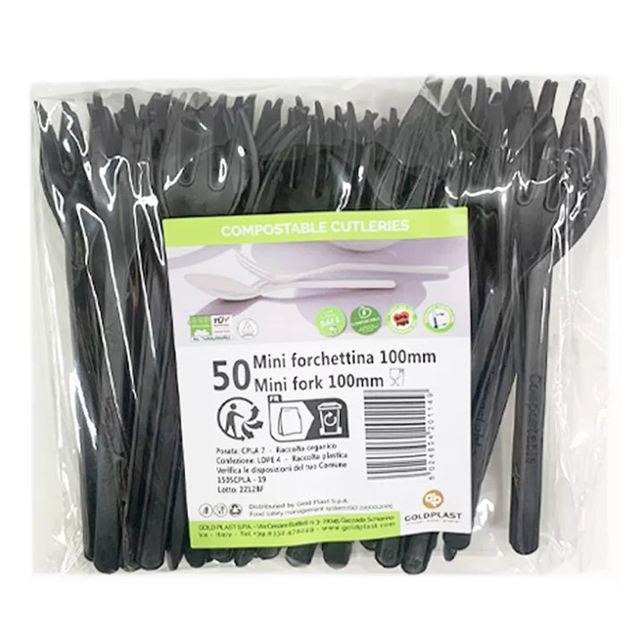 Mini Forchettine Finger Food in CPLA Nero Compostabile – 10 cm (Confezione da 50 Pezzi)