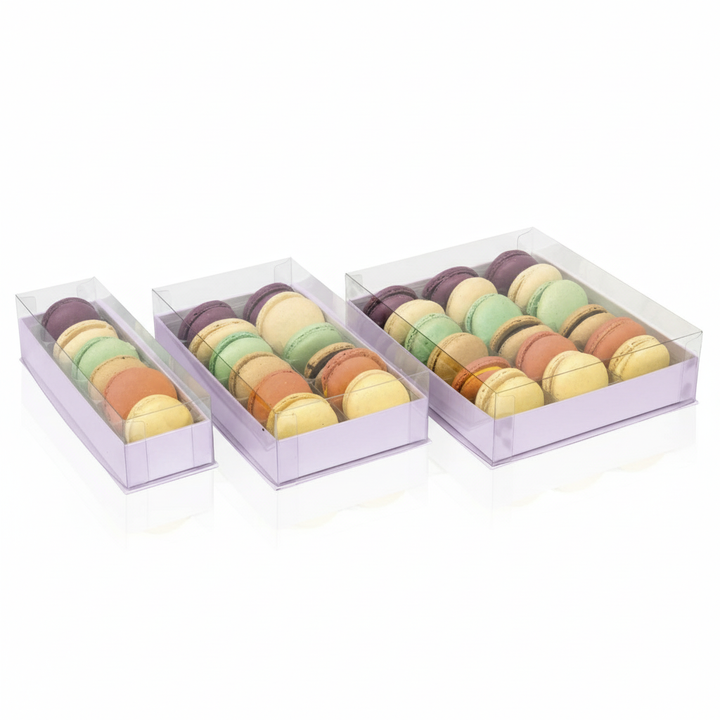 5pz Scatole Macaron coperchio trasparente e base colorata