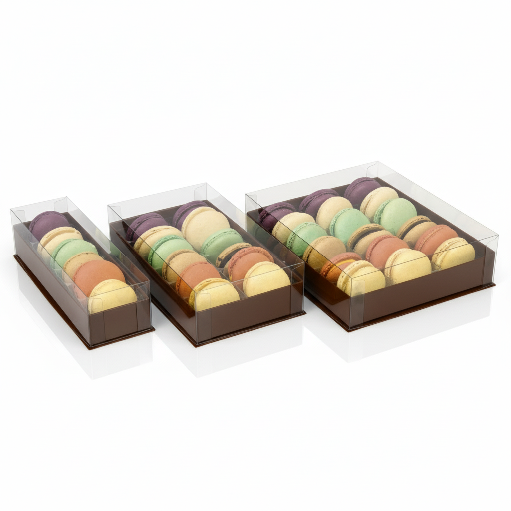5pz Scatole Macaron coperchio trasparente e base colorata