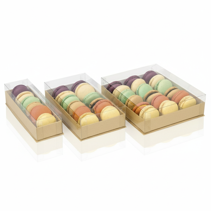 5pz Scatole Macaron coperchio trasparente e base colorata