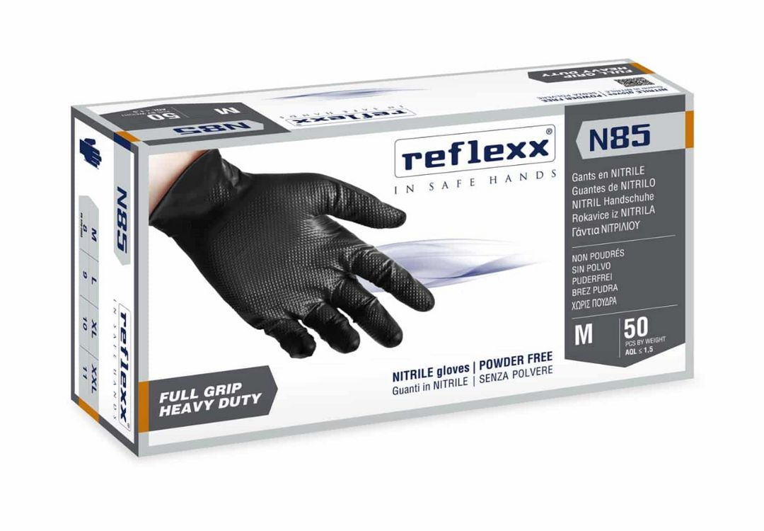 100 pezzi Guanti neri monouso in Nitrile Grip N85 Reflexx