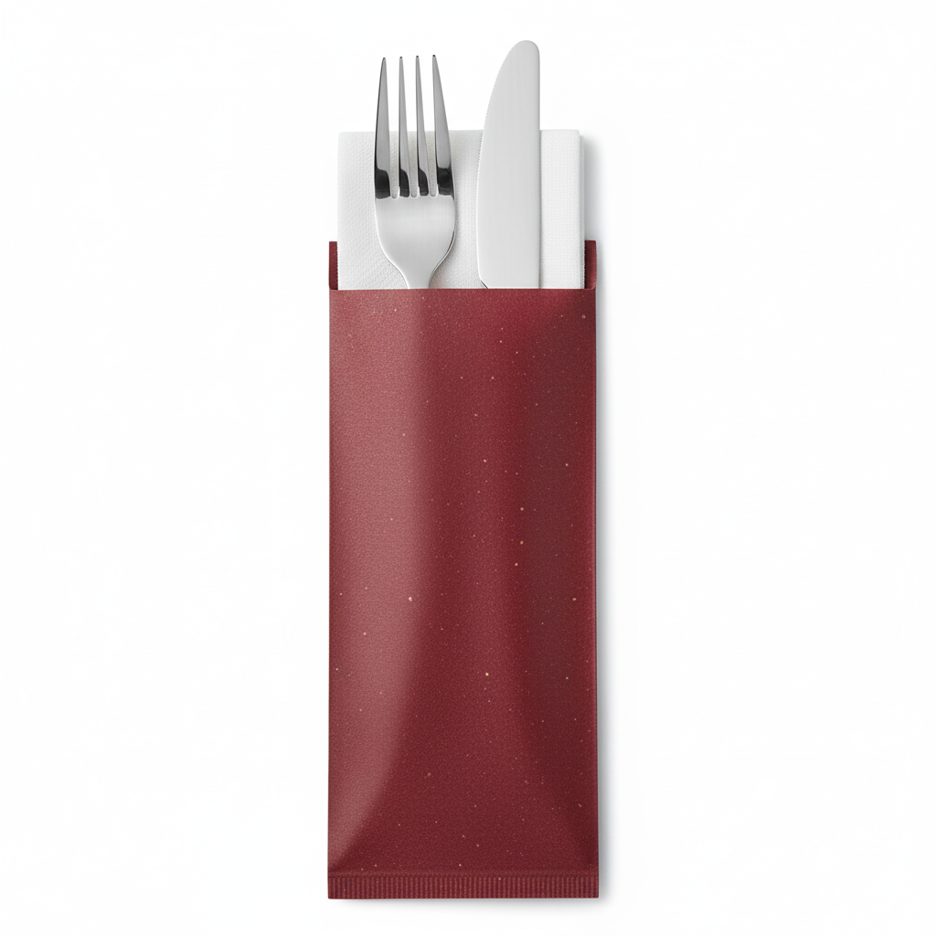 Sacchetti Portaposate in Carta Bordeaux con Tovagliolo Bianco – 125 Pezzi