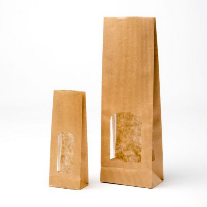 Sacchetti in carta kraft avana per alimenti con Finestre e fondo quadro - Termosaldabili