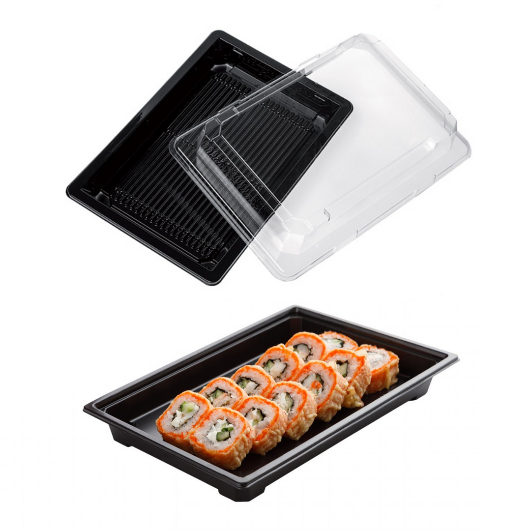 30 pezzi Contenitori Neri in PET Riciclabili con Coperchio Trasparente – Ideali per Sushi, Take-Away e Asporto