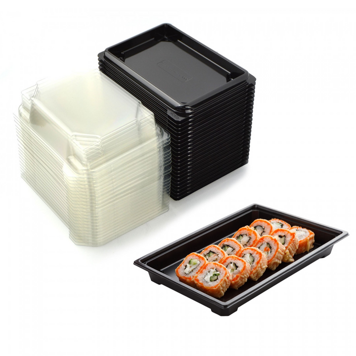30 pezzi Contenitori Neri in PET Riciclabili con Coperchio Trasparente – Ideali per Sushi, Take-Away e Asporto