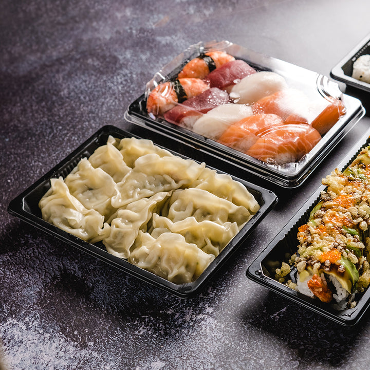 30 pezzi Contenitori Neri in PET Riciclabili con Coperchio Trasparente – Ideali per Sushi, Take-Away e Asporto