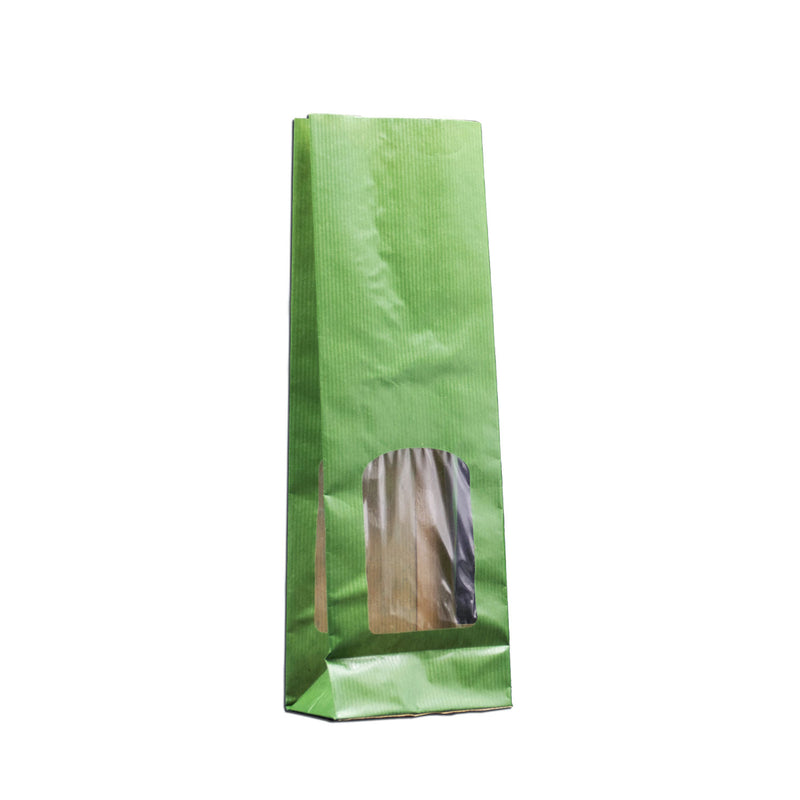 50pz Sacchetti verdi per alimenti in carta kraft con finestre 10x30cm